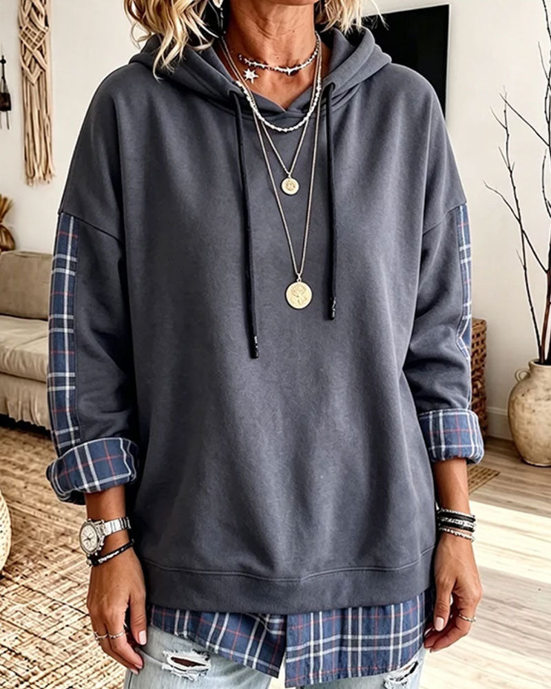 Sweat-shirt à capuche pour femmes avec empiècement à carreaux