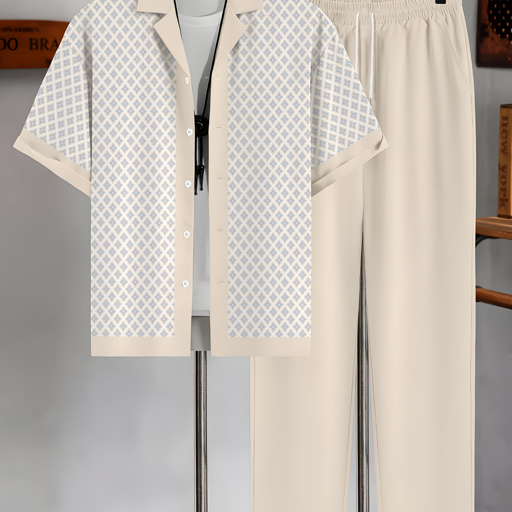 Men's Geometric Button-Up Shirt & Trousers Set
