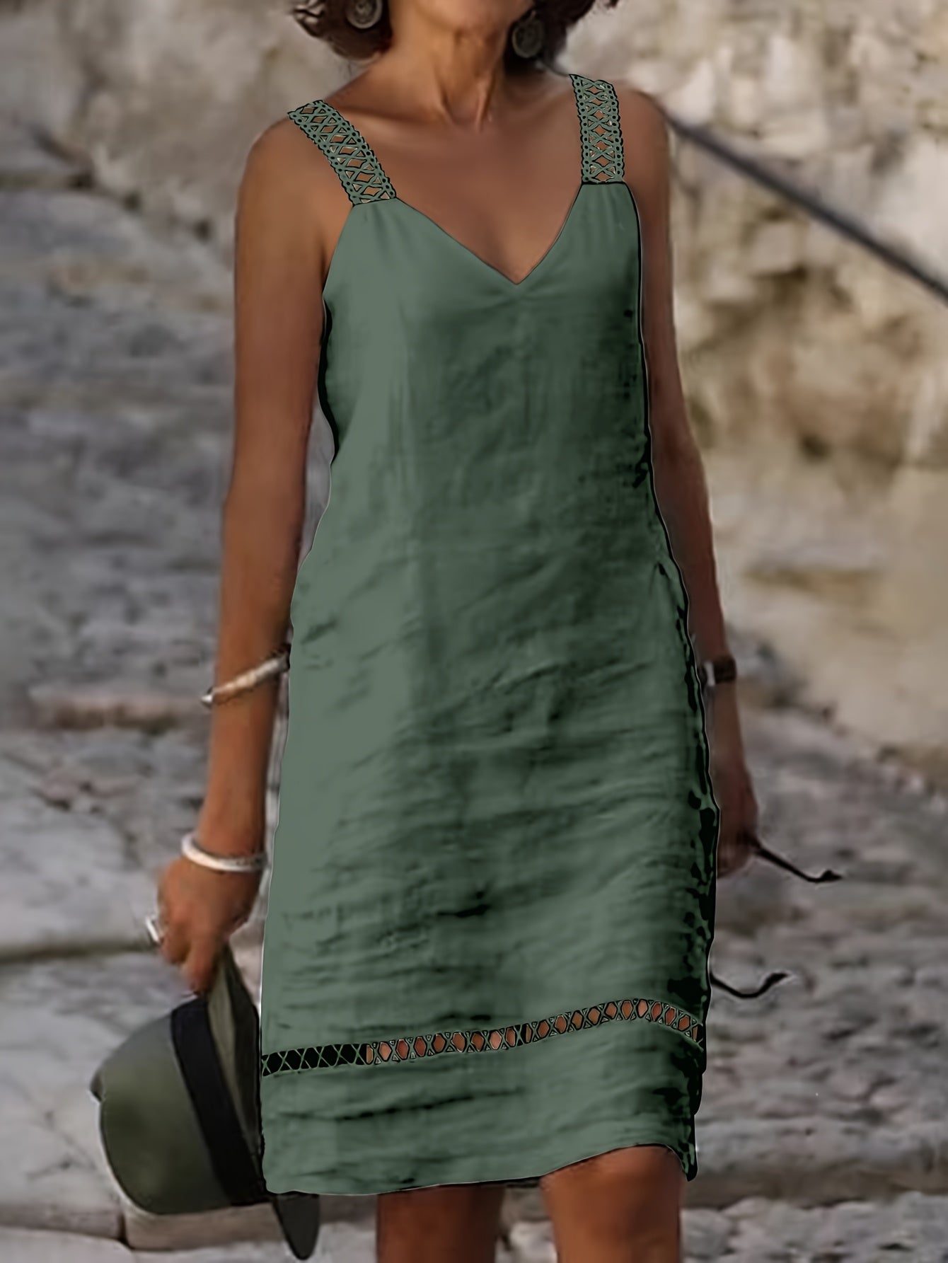 Women's Sleeveless V-Neck Lace Trim Casual Midi Dress