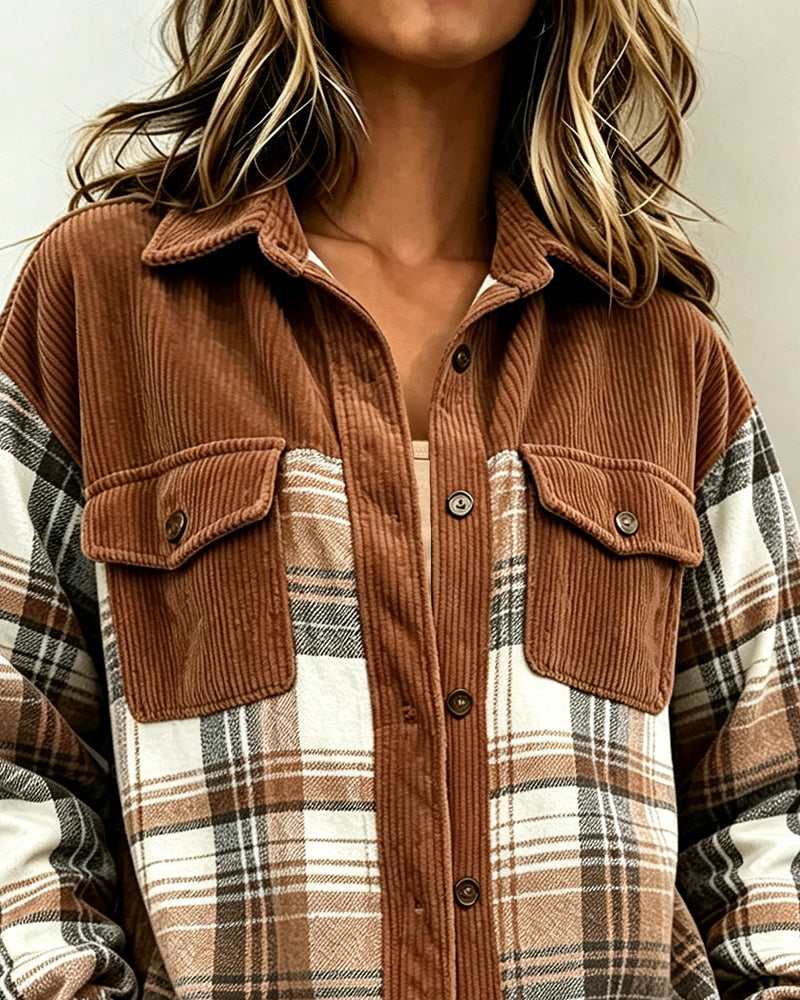 Chemise à boutons contrastés à carreaux pour femme
