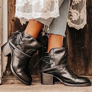 Women Ankle Boots with Block Heel and Wrap Around Strap Detail