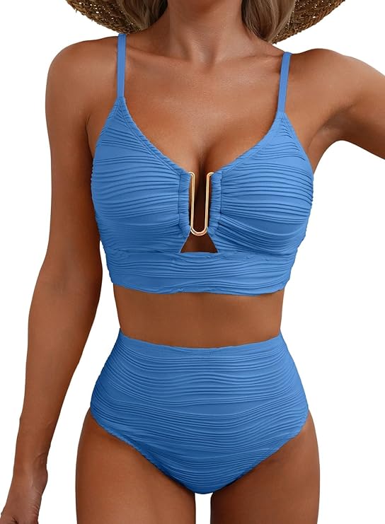 Women's Textured High-Waist Bikini Set with Metallic Detail