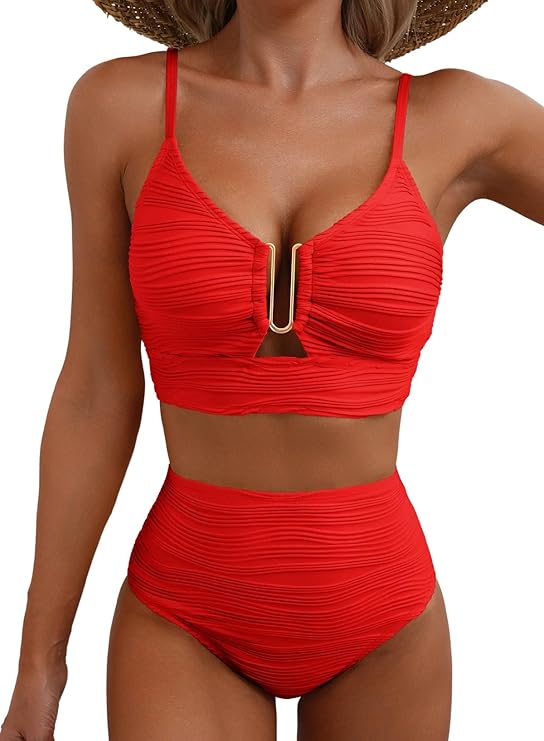 Women's Textured High-Waist Bikini Set with Metallic Detail