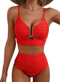 Damen strukturiertes Bikini-Set mit hohem Bund und metallischem Detail