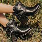 Damen Stiefeletten mit Blockabsatz und Wickelriemen-Detail