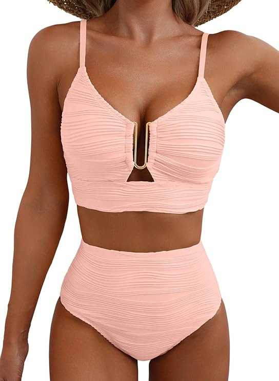 Women's Textured High-Waist Bikini Set with Metallic Detail