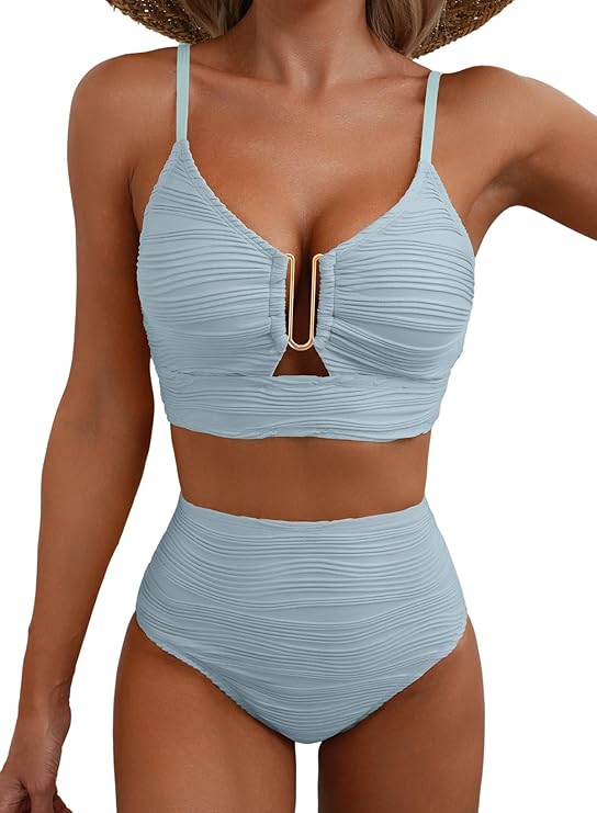Women's Textured High-Waist Bikini Set with Metallic Detail