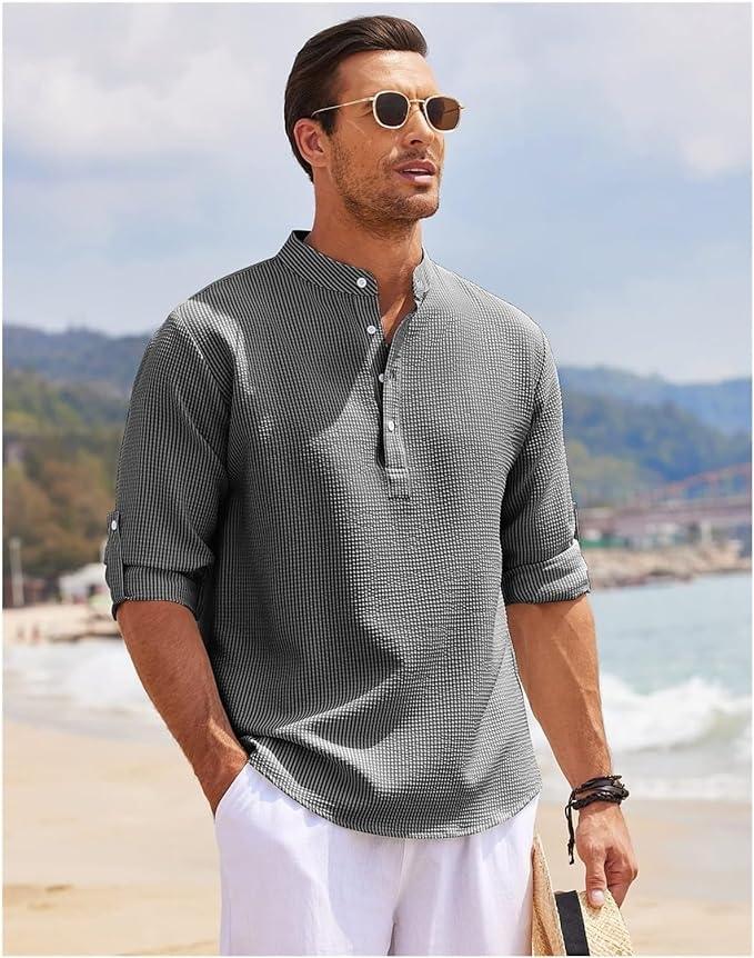 Herren strukturiertes Hemd mit lockerem Schnitt Leicht Atmungsaktiv Sommer Casual Stil