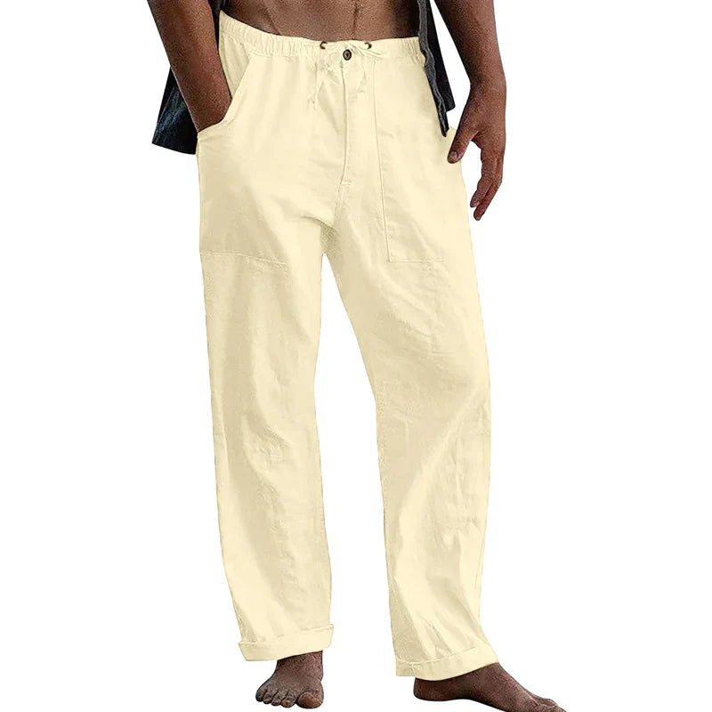 Men's Cotton Linen Trousers with Straight Leg and Elastic Waist for Summer Comfort