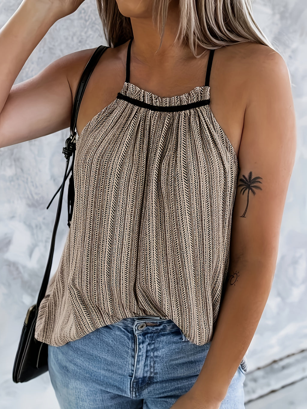 Women’s Textured Halter Top with Flowing Fit and Stripe Pattern