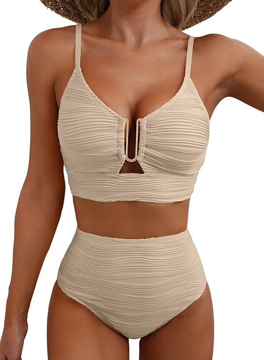 Women's Textured High-Waist Bikini Set with Metallic Detail