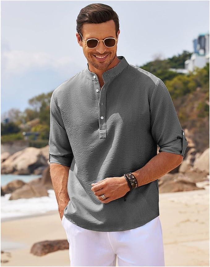 Herren strukturiertes Hemd mit lockerem Schnitt Leicht Atmungsaktiv Sommer Casual Stil