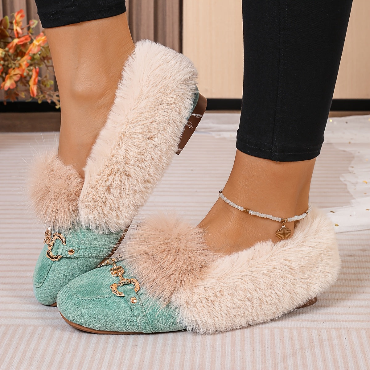 Mules chaussons pour femme bordés de fausse fourrure