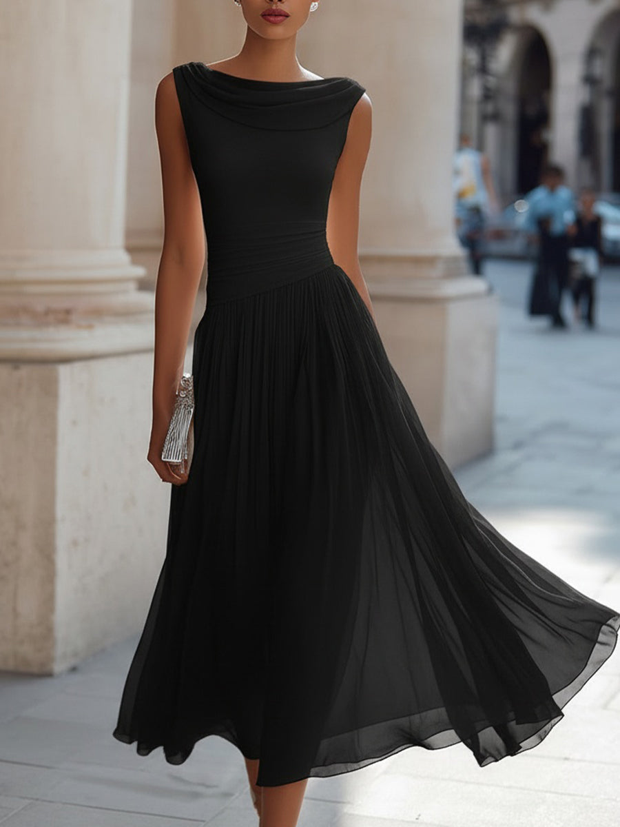 Ärmelloses Chiffon-Midikleid für Damen mit drapiertem Ausschnitt und geraffter Taille