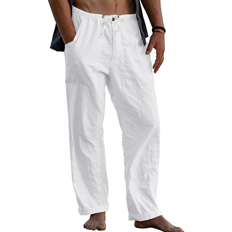 Men's Cotton Linen Trousers with Straight Leg and Elastic Waist for Summer Comfort