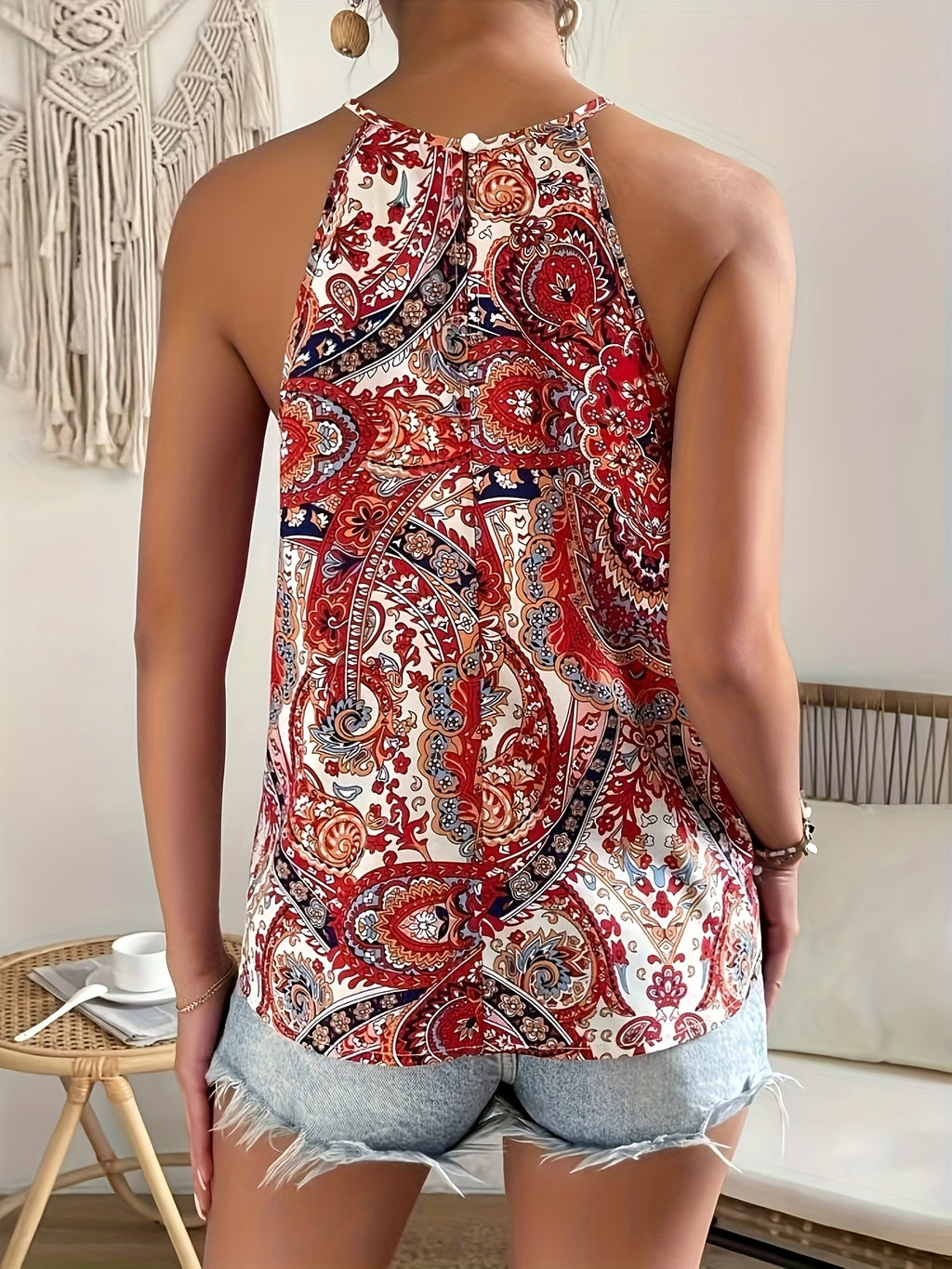 Women’s Paisley Halter Top with Flowing Fit and Elegant Print
