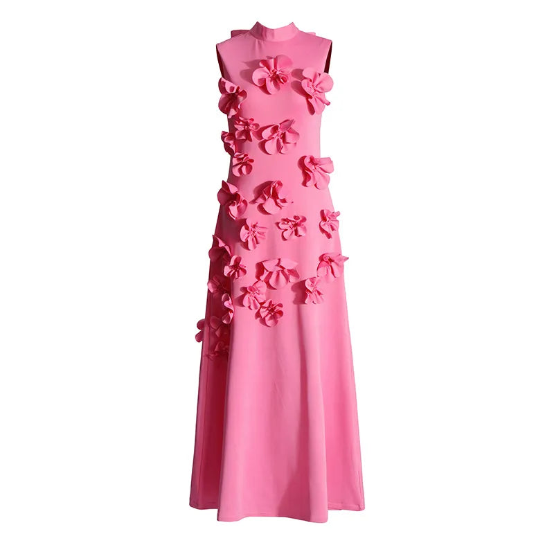 Damen Maxikleid mit 3D-Blumenapplikationen und eleganter, fließender Silhouette