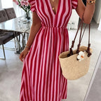 Women's Striped V-Neck Flutter Sleeve Maxi Dress