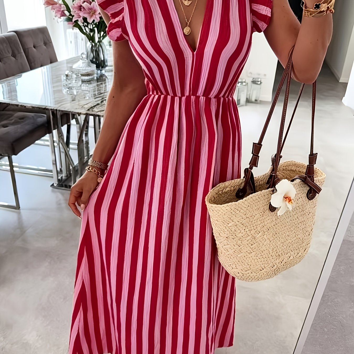 Women's Striped V-Neck Flutter Sleeve Maxi Dress