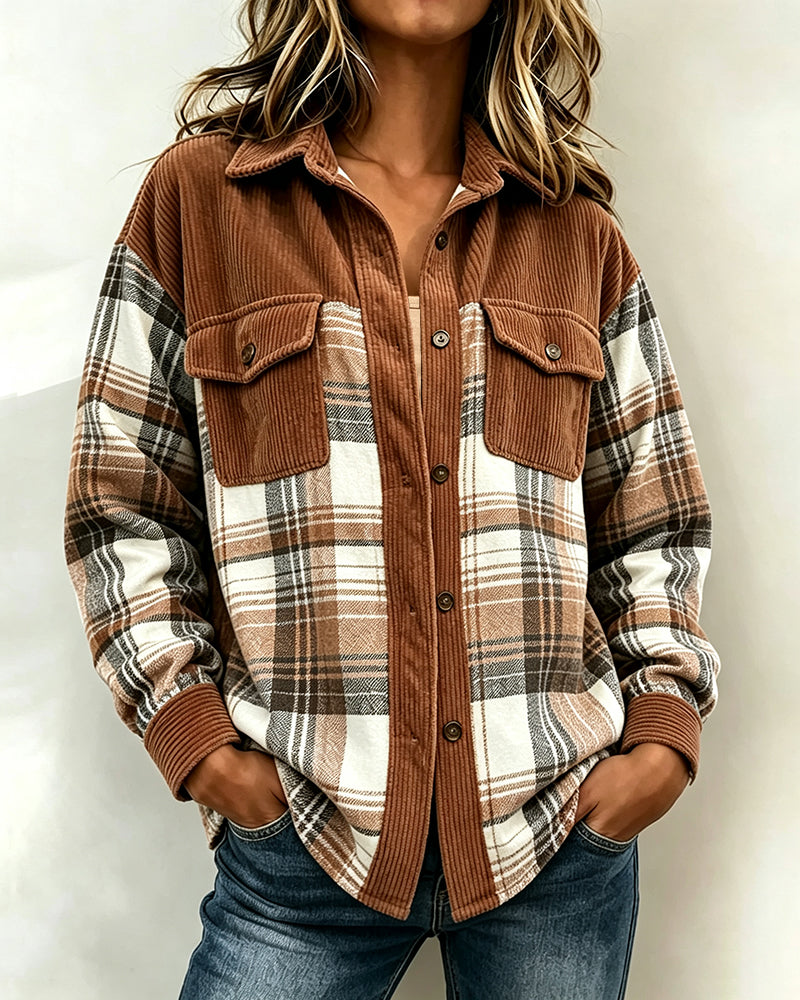 Chemise à boutons contrastés à carreaux pour femme
