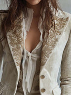 Women's Floral Embroidered Blazer with Decorative Cuffs