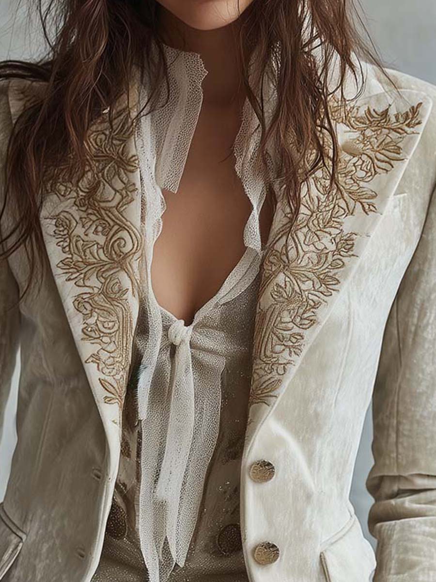 Women's Floral Embroidered Blazer with Decorative Cuffs