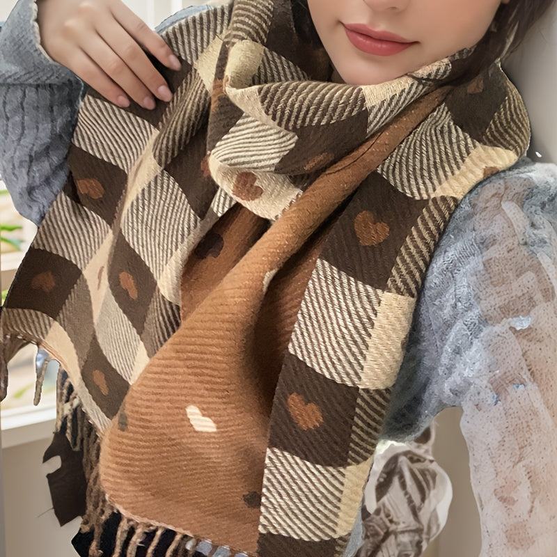 Women’s Heart Plaid Fringed Winter Scarf