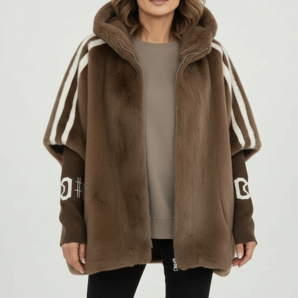 Women's Oversized Hooded Fleece Jacket with Striped Sleeves