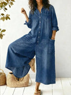 Women's Button-Up Denim Wide Leg Jumpsuit with Utility Pockets