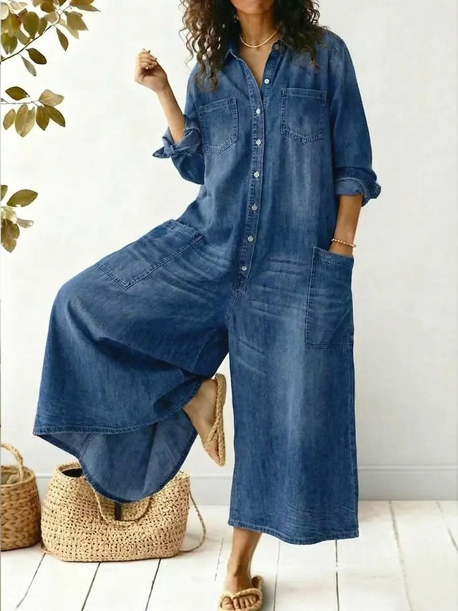 Women's Button-Up Denim Wide Leg Jumpsuit with Utility Pockets