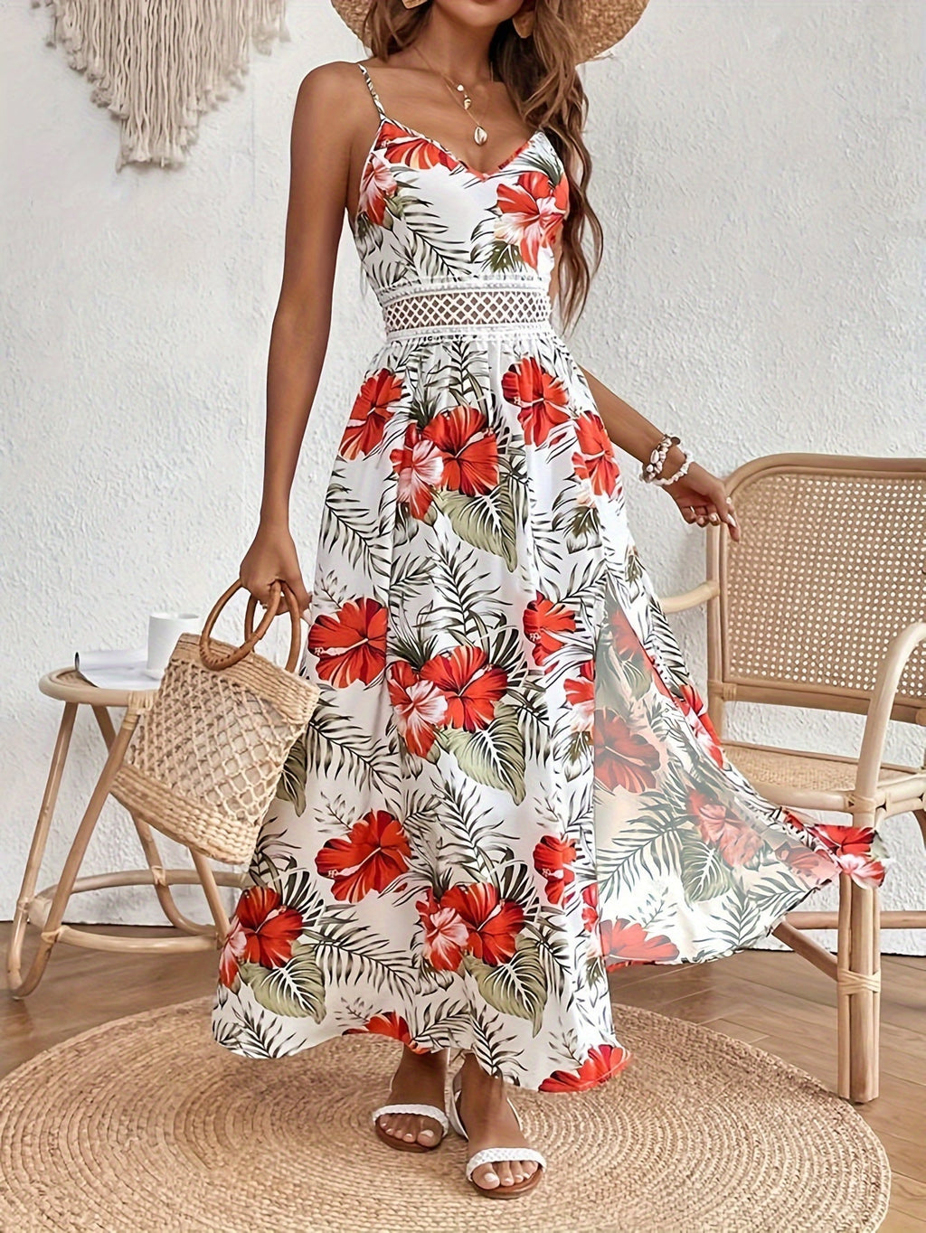Damen-Maxikleid mit Blumenmuster und V-Ausschnitt