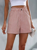 Gestreifte Damen-Shorts mit hohem Bund und Paperbag-Optik sowie umgeschlagenem Saum für den Alltag