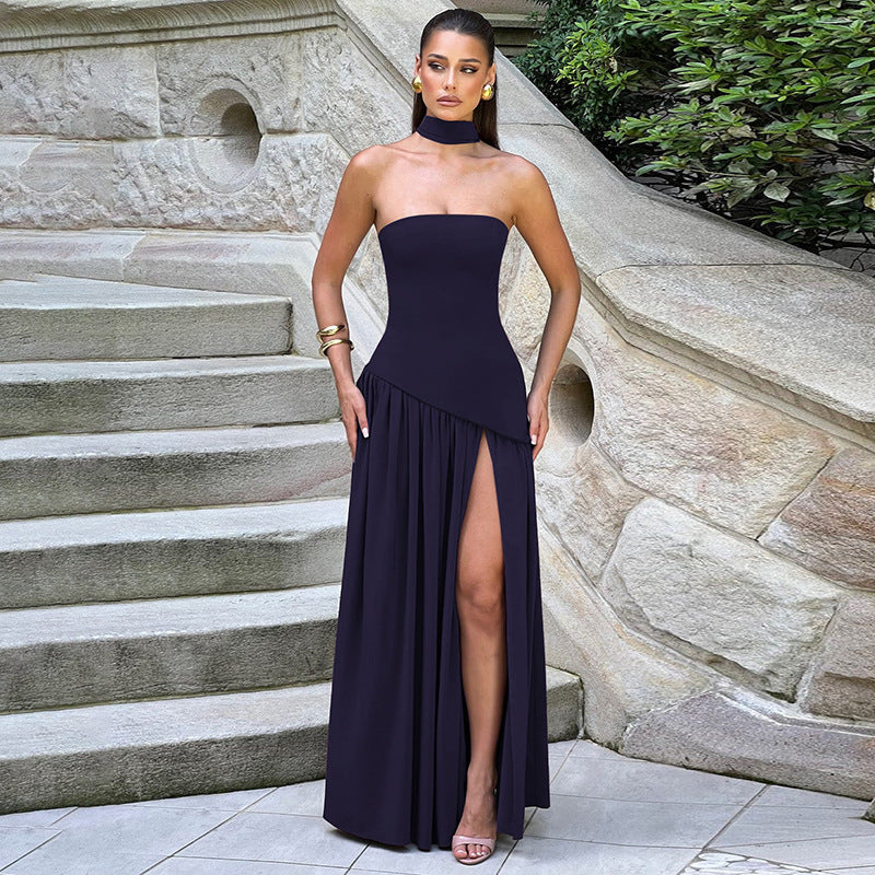 Damen Trägerloses Maxikleid mit Seitenschlitz und elegantem Kontrastdesign