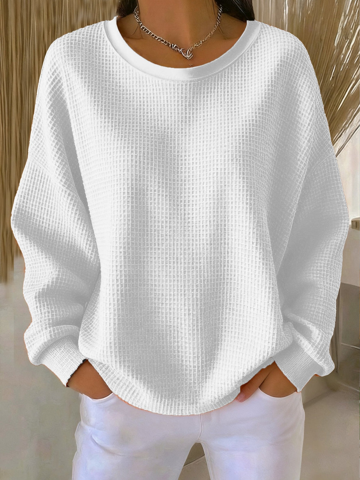 Women's Relaxed Crew Neck Pullover with Waffle Texture