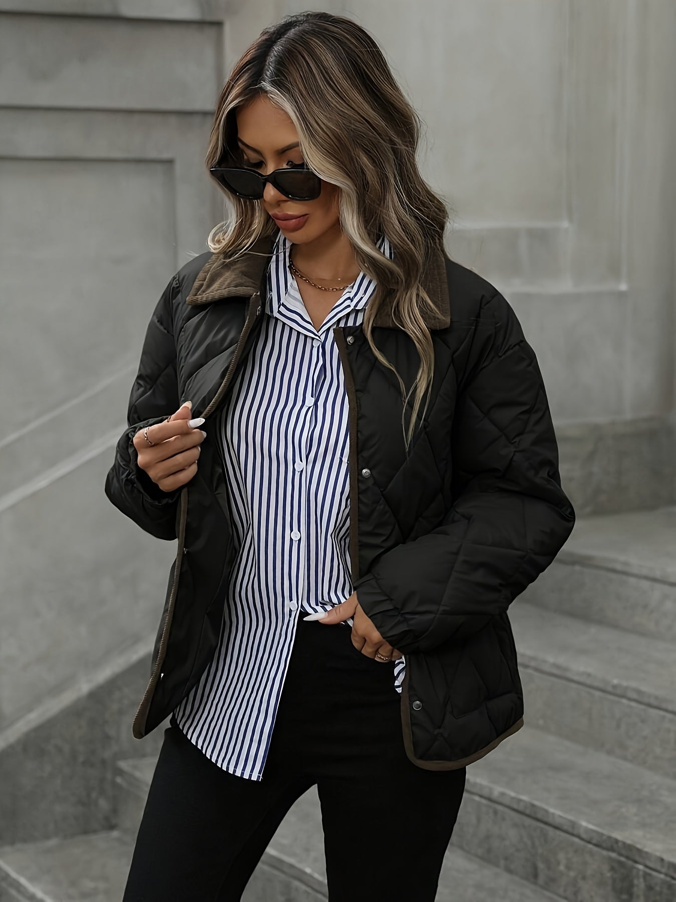 Chaqueta acolchada de rombos para mujer con cuello en contraste