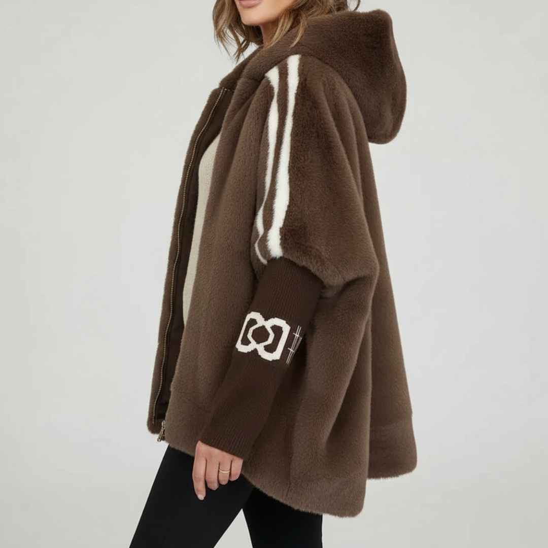 Women's Oversized Hooded Fleece Jacket with Striped Sleeves