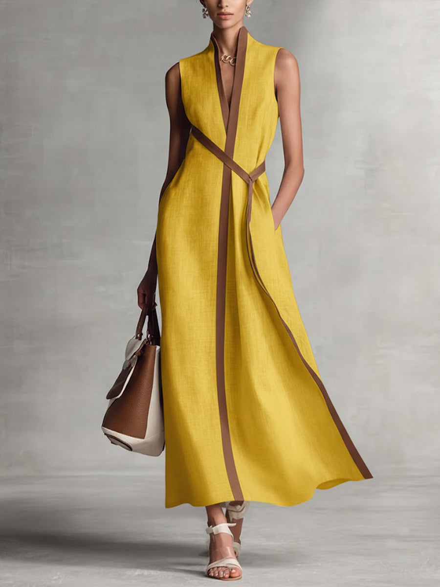 Robe maxi sans manches à col en V avec bordure contrastée et taille nouée pour femme
