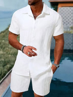 Men's Textured Button Front Shirt and Shorts Matching Set