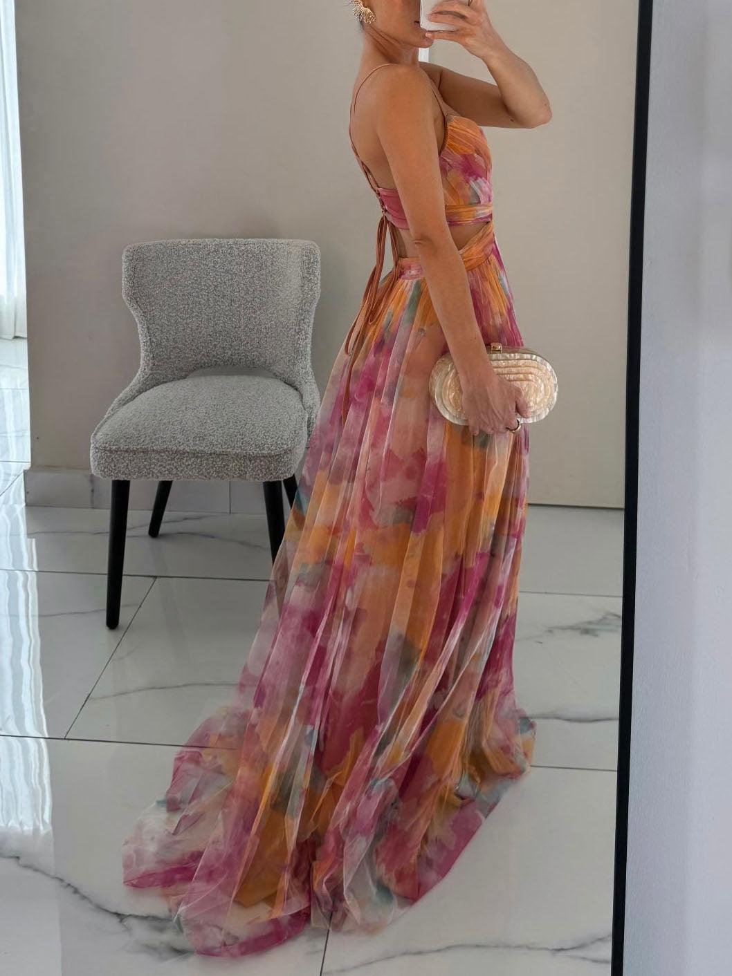 Damen elegantes Tüll-Maxikleid mit Aquarell-Blumenmuster und fließender Passform