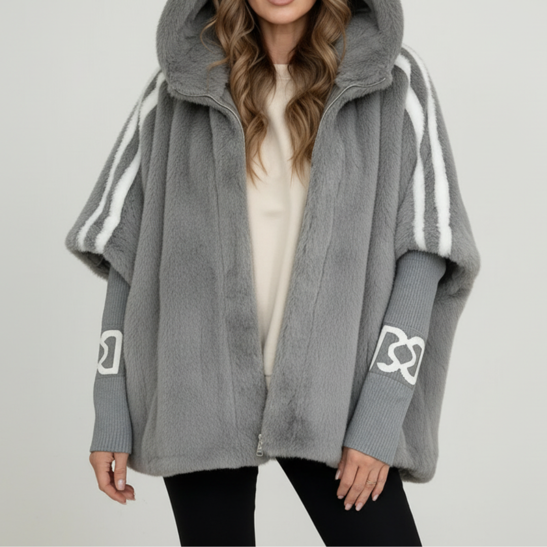 Women's Oversized Hooded Fleece Jacket with Striped Sleeves