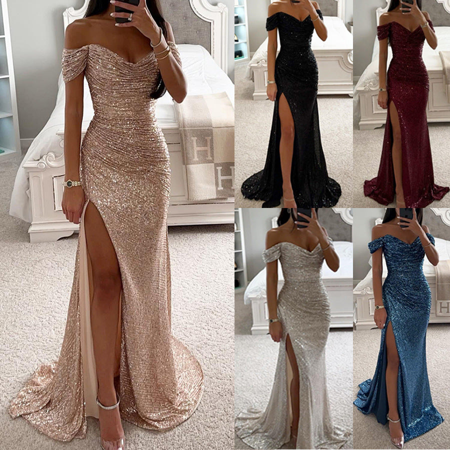 Damen-Abendkleid mit Pailletten, schulterfreiem Ausschnitt und drapierter Silhouette