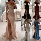 Damen-Abendkleid mit Pailletten, schulterfreiem Ausschnitt und drapierter Silhouette