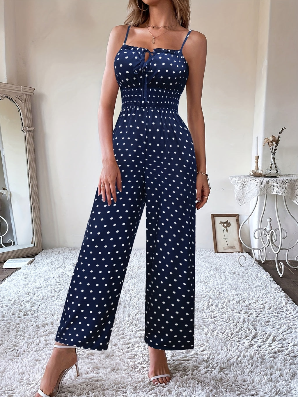 Women's Polka Dot Smocked Waist Wide Leg Jumpsuit