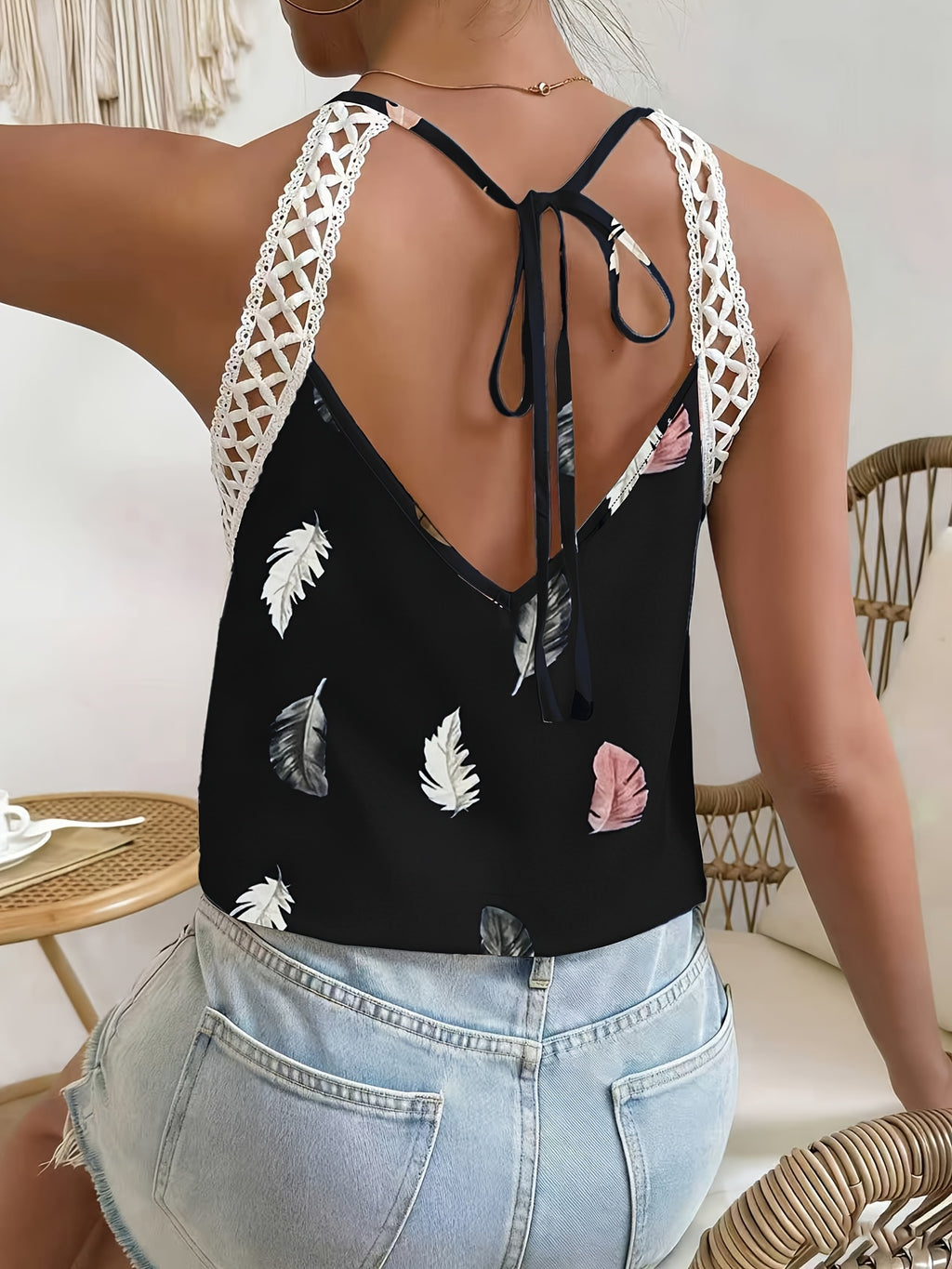 Women’s Feather Print Halter Top with Crochet Strap Detailing