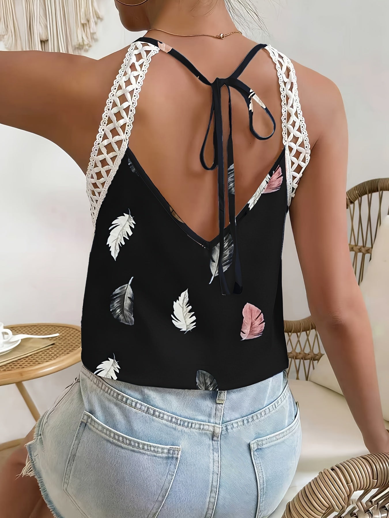 Women’s Feather Print Halter Top with Crochet Strap Detailing