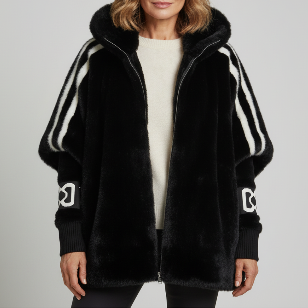 Women's Oversized Hooded Fleece Jacket with Striped Sleeves