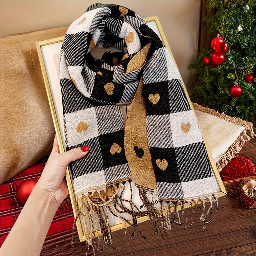 Women’s Heart Plaid Fringed Winter Scarf