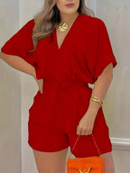 Women's Relaxed V-Neck Drawstring Waist Romper