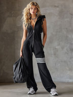 Damen-Jumpsuit mit Kapuze, Reißverschluss vorn und weitem Bein