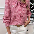 Women's Gingham Bow Tie Neck Long Sleeve Blouse